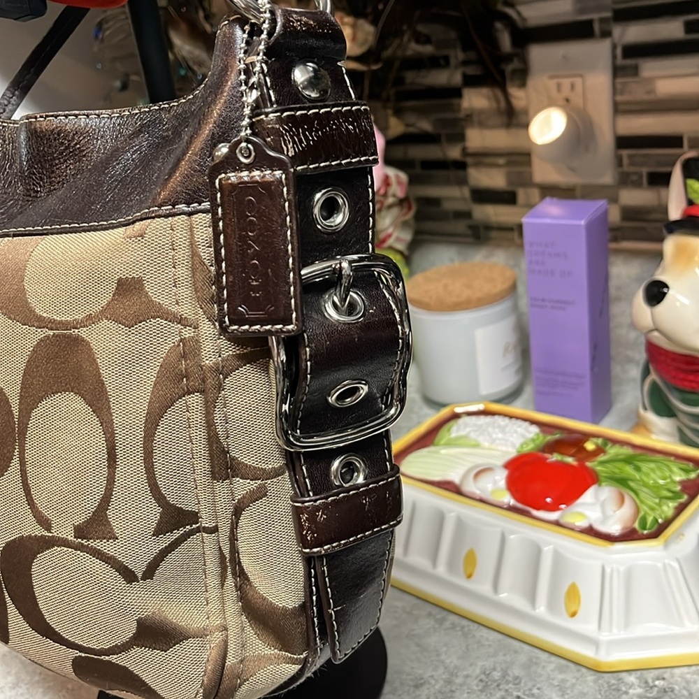 Coach Brown and Tan Signature Shoulder Bag with Leather Trim - Picture 3 of 10